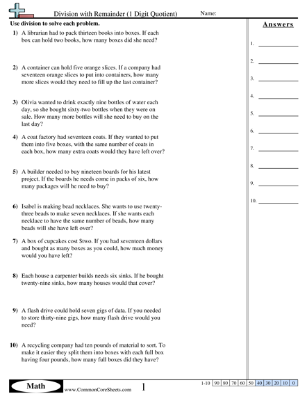 Division Worksheets - 1 Digit Quotient (with remainder) worksheet